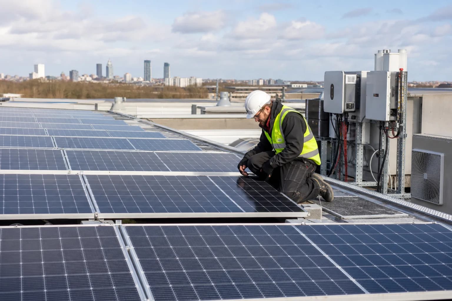 Technician inspecting a large commercial rooftop photovoltaic array