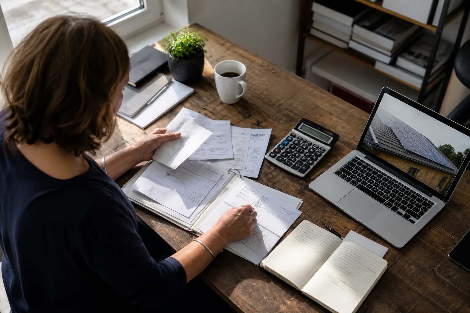 British rooftop solar panels beside neatly organised VAT invoices and accounting tools