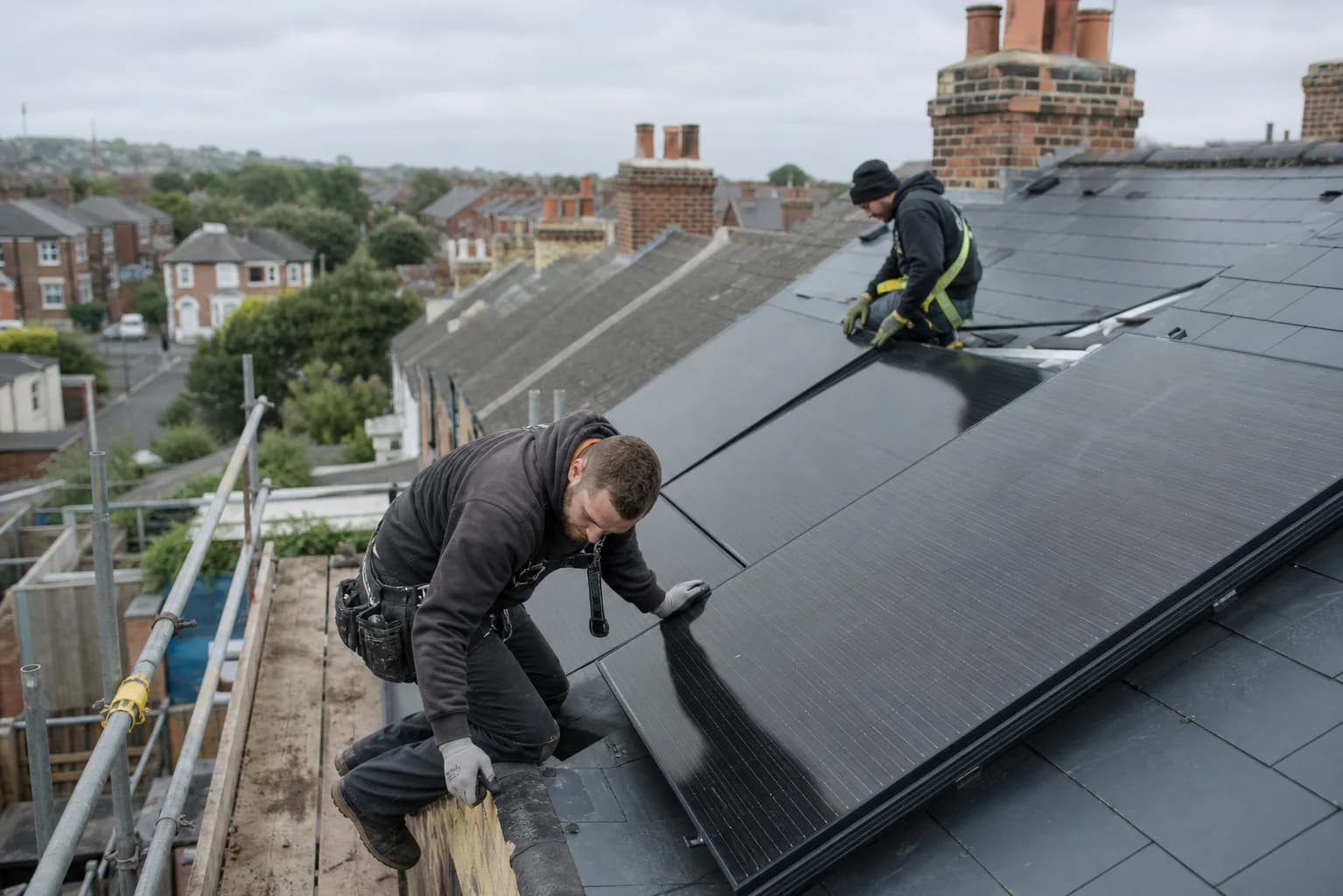Two solar installers fitting photovoltaic panels on a British terraced-house roof