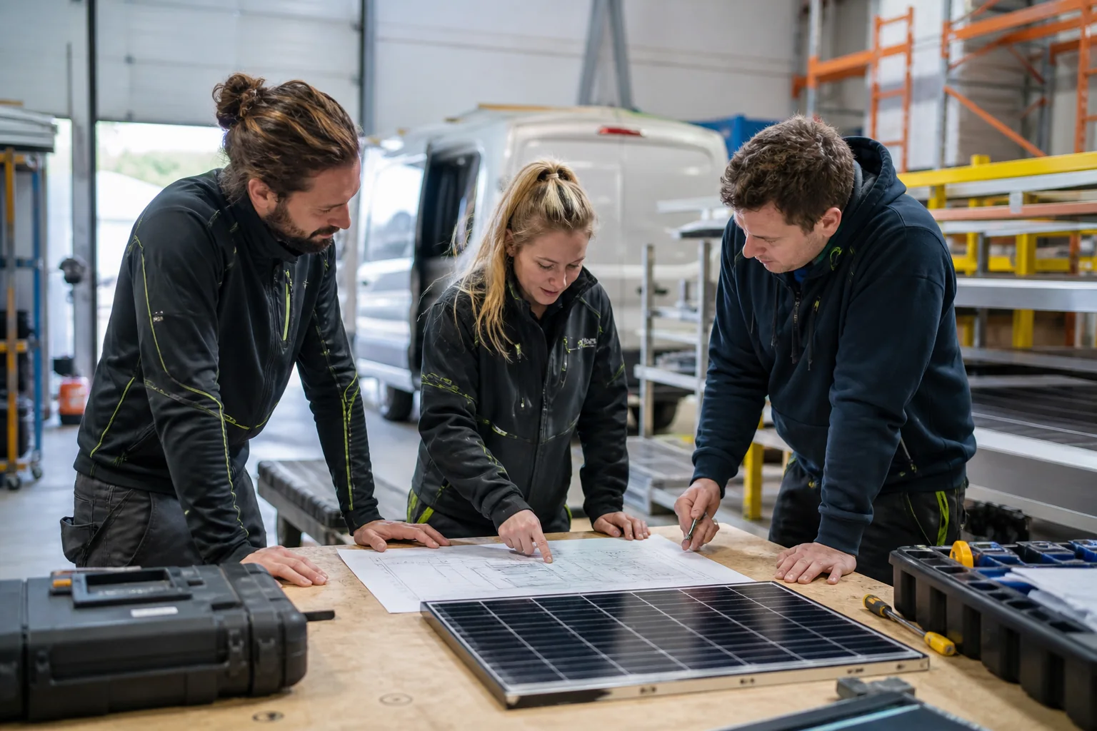 A British solar installation team reviewing site plans together in their workshop